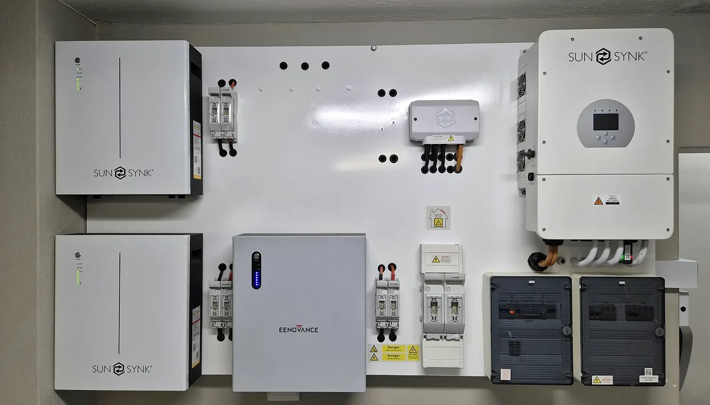 Wall-mounted solar inverter, battery modules, breakers, and protection equipment