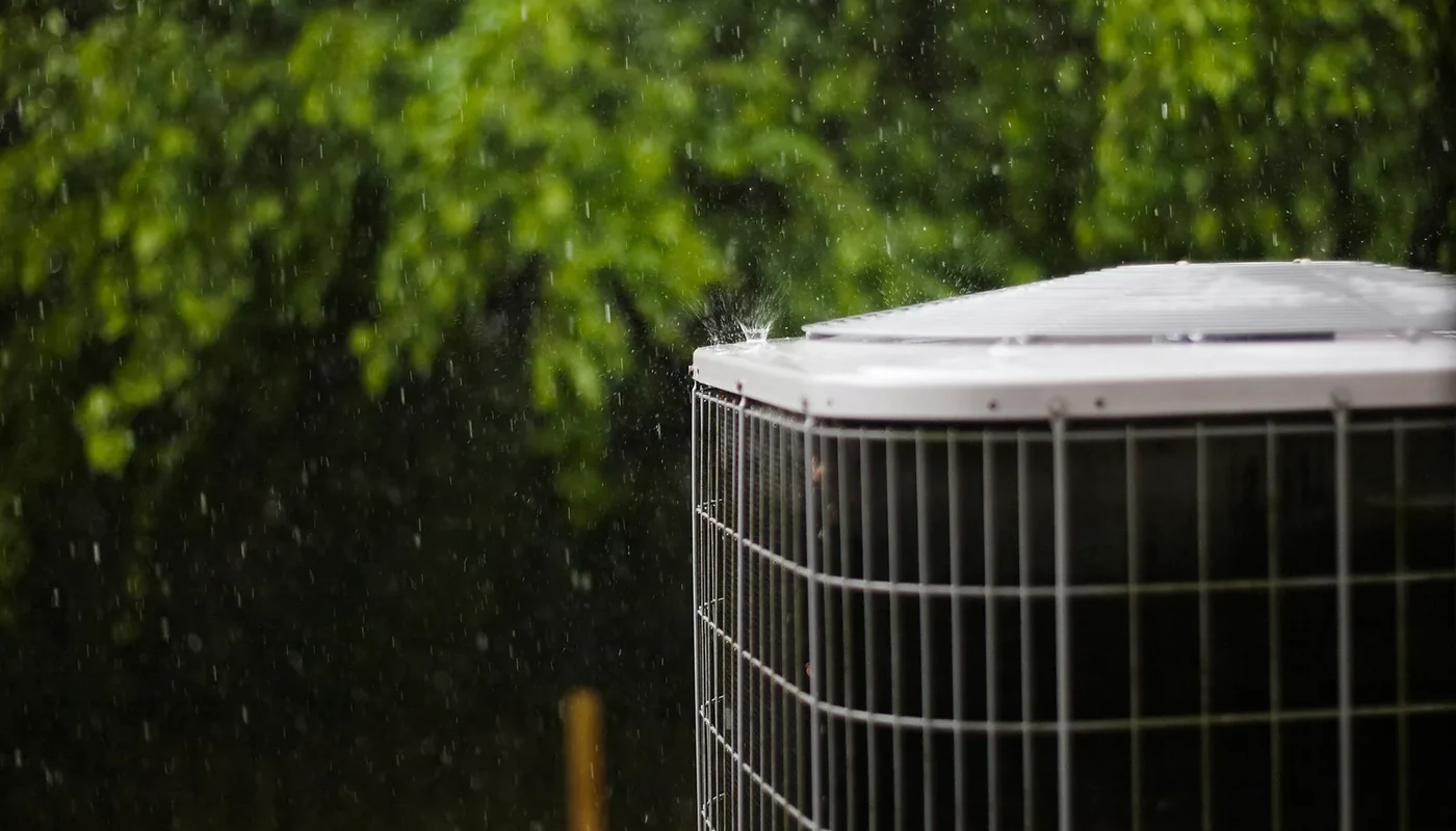 Outdoor air-conditioning condenser operating during heavy tropical rain