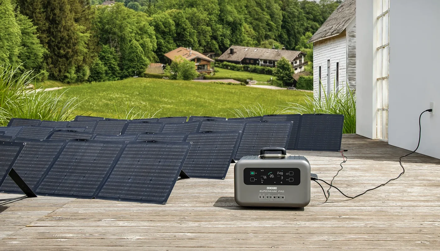 Portable battery power station connected to foldable solar panels on a deck