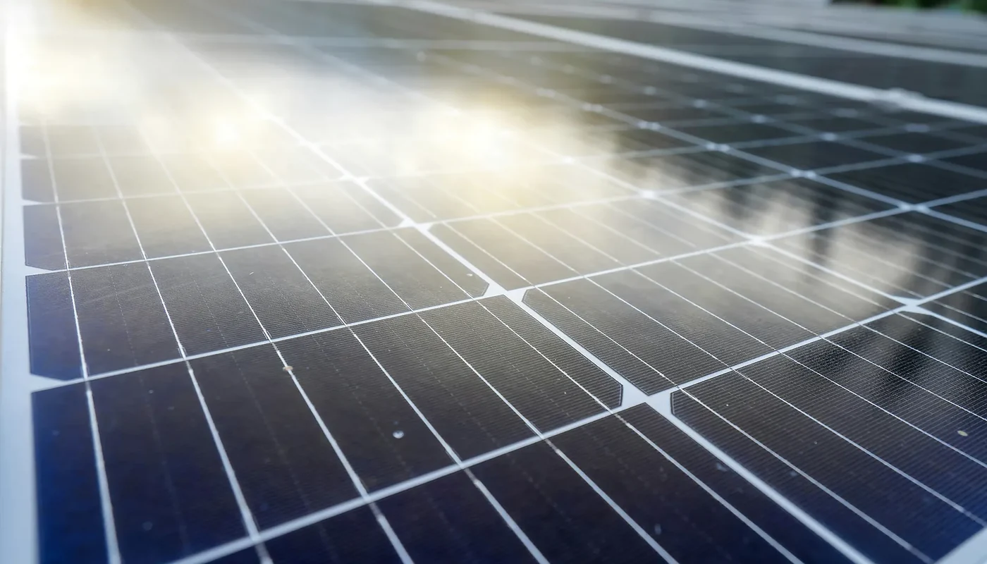 Close-up of photovoltaic cells and surface condition under direct sunlight