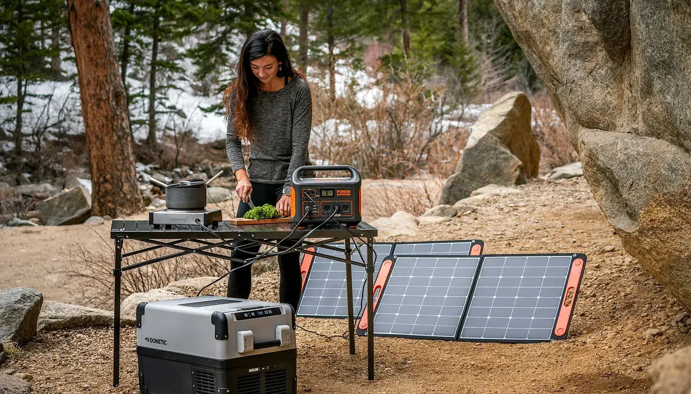 Portable solar generator powering cooking and refrigeration loads outdoors